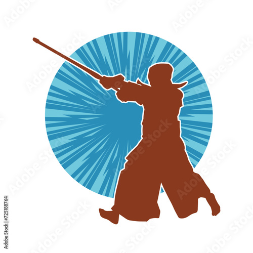 Silhouette of a sword warrior in action pose. Silhouette of a martial art person carrying sword weapon. Silhouette of kendo martial art pose.