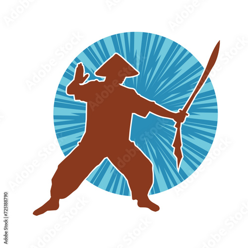 Silhouette of a kungfu or wushu martial art athlete in action pose. Silhouette of a male martial art person in pose with swords weapon.
