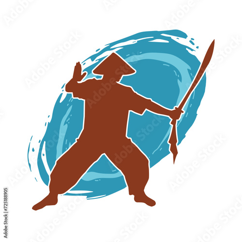 Silhouette of a kungfu or wushu martial art athlete in action pose. Silhouette of a male martial art person in pose with swords weapon.
