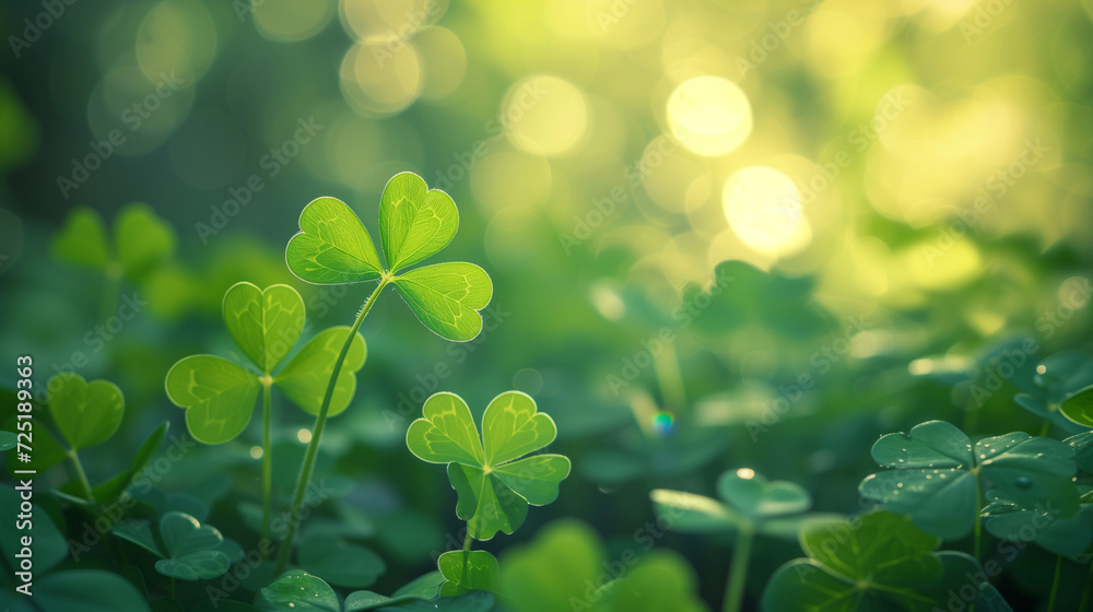 Shamrocks with light bokeh, soft focus on green leaves, background Shamrocks with light bokeh, soft focus on green leaves, background