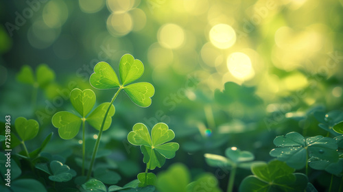 Shamrocks with light bokeh, soft focus on green leaves, background