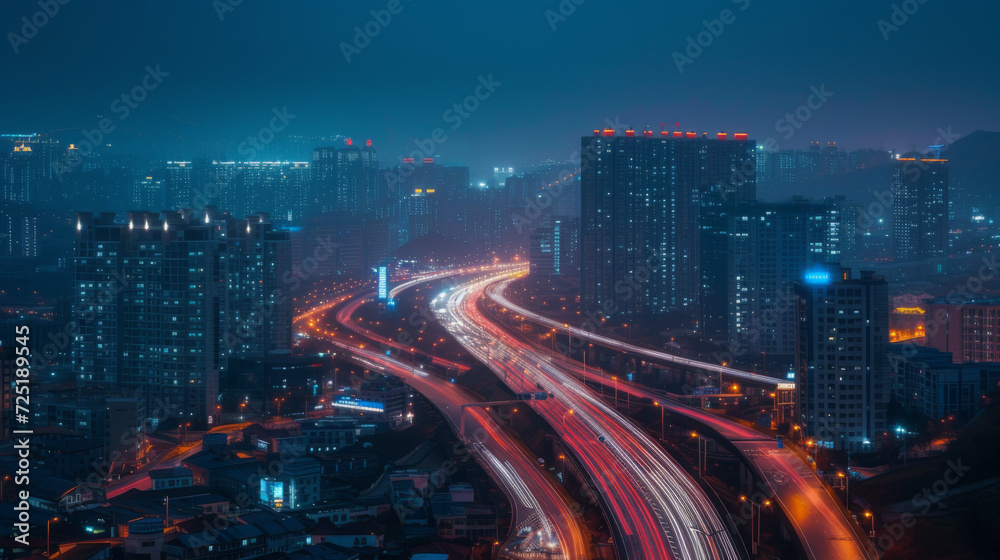 A city on the highway at night time.