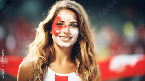 A joyful Swiss woman with her face painted in the white and red colors of the Switzerland flag, cheering at a football match, with a blurred stadium background. AI Generative