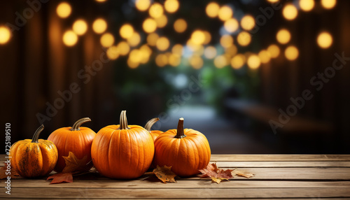 Autumn table decoration pumpkin lanterns illuminate rustic wood backdrop generated by AI