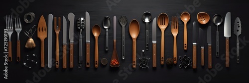 A Kitchen utensils (cooking equipment) on a black wooden tabletop Collection of kitchen utensils taken from above (top view, flat lay)