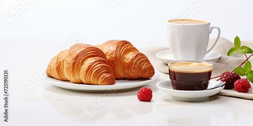 Delightful breakfast with coffee, croissants, jam on white background. French weekend idea. Space for copying.