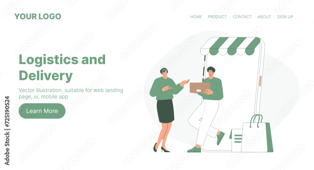 Logistics and Delivery. Web Landing Page Design. Flat Cartoon Vector Illustration. Vector illustration, suitable for web landing page, ui, mobile app.