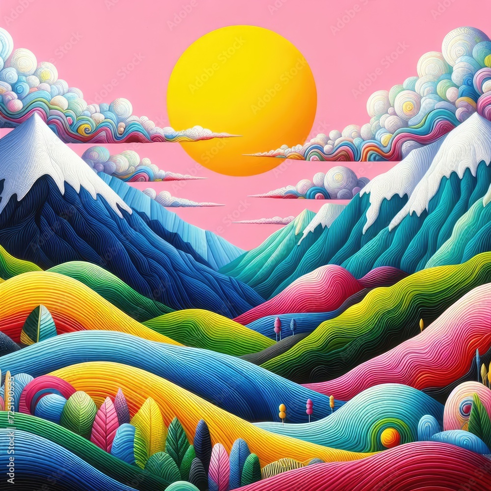 white and pink clouds. The middle ground features mountains that are painted in shades of blue with white tops, resembling snow-capped peaks. In the foreground, there are vibrant