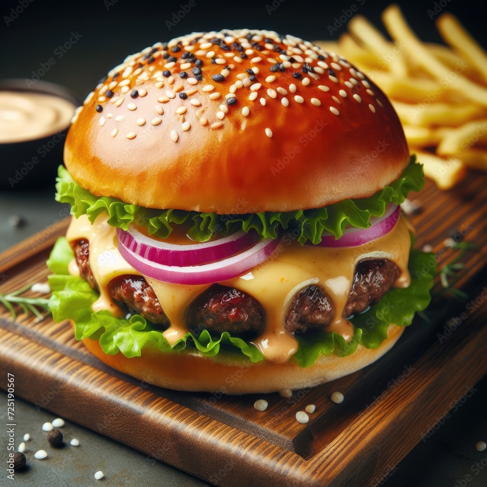 fresh ingredients including green lettuce, slices of red onions, melted cheese draping fresh ingredients including green lettuce, slices of red onions, melted cheese draping