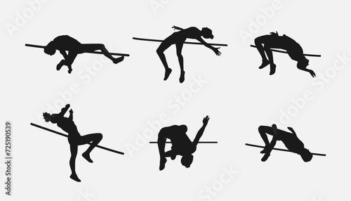 high jump silhouette collection set. sport, running, jumping, athletic concept. different actions, poses. vector illustration.