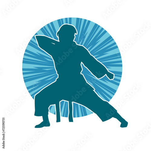 Silhouette of a slim female doing martial art pose. Silhouette of a martial art woman in action pose.
