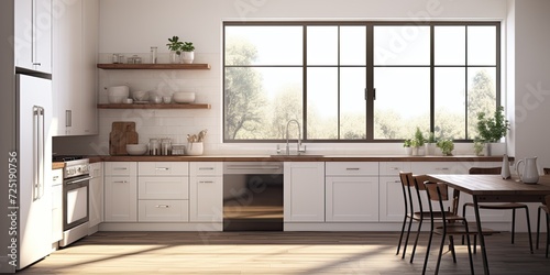 L-shaped white kitchen with dark wood accents, a sink by a large window. . .