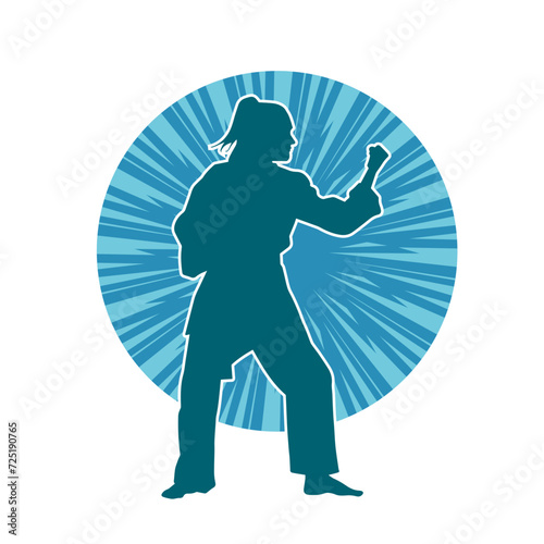Silhouette of a slim female doing martial art pose. Silhouette of a martial art woman in action pose.
