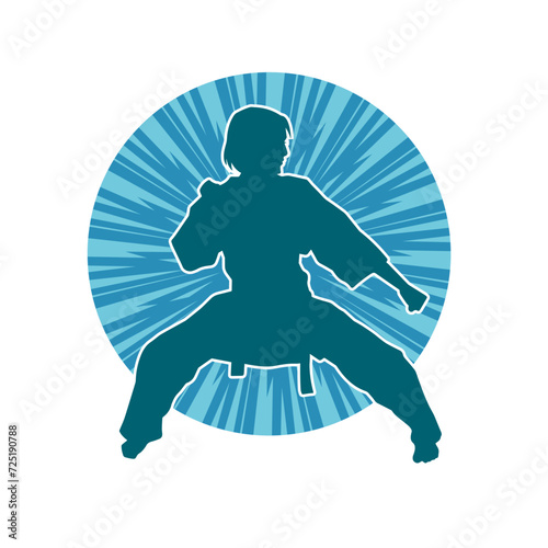 Silhouette of a slim female doing martial art pose. Silhouette of a martial art woman in action pose.
