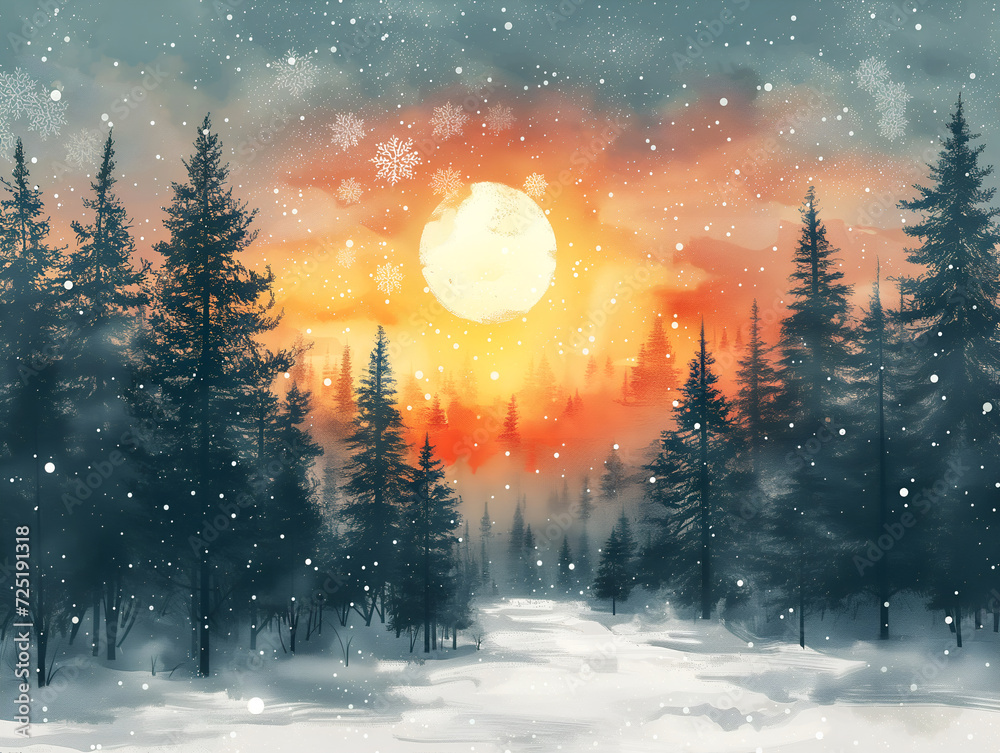 Naklejka premium winter landscape with pine trees, watercolor style