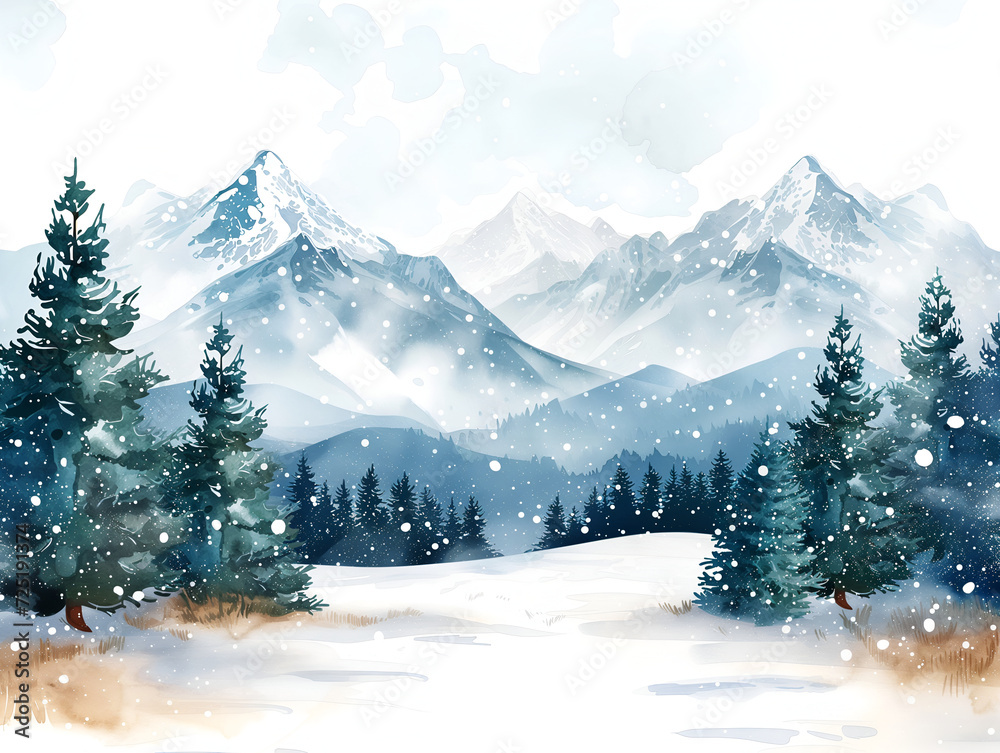 winter landscape with pine trees, watercolor style
