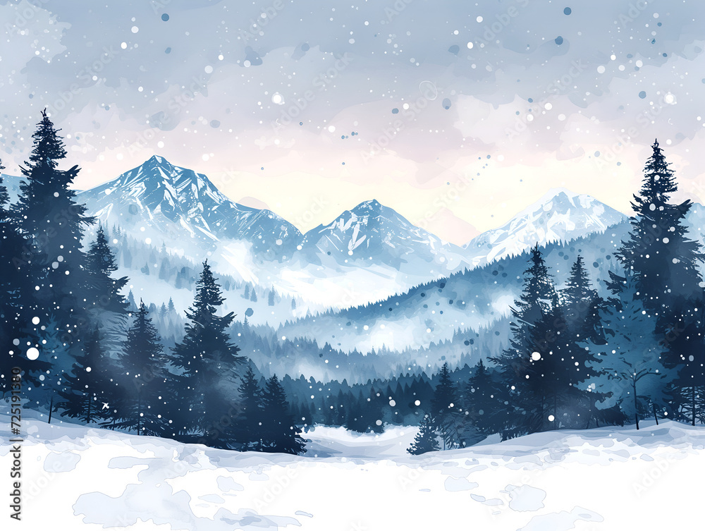Fototapeta premium winter landscape with pine trees, watercolor style