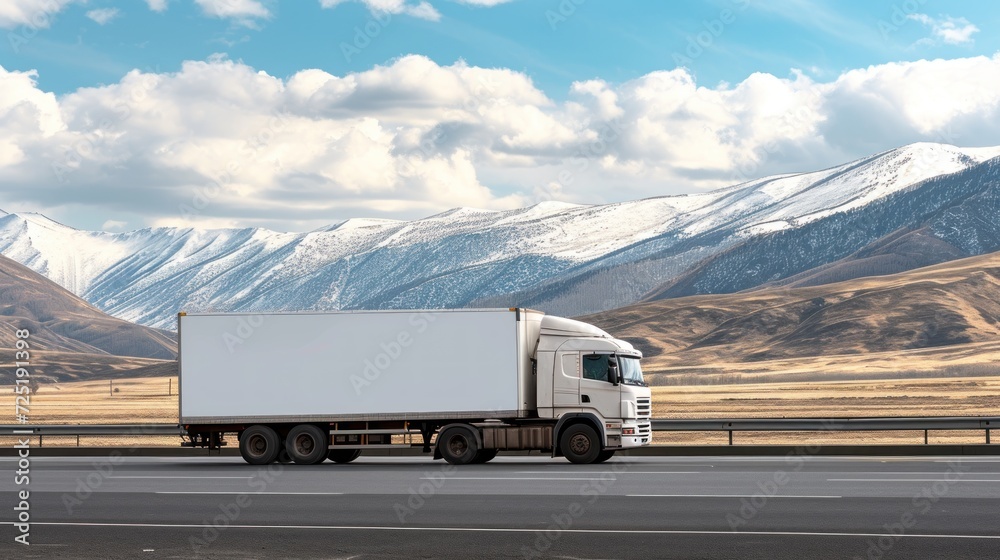 A white cargo truck with a white blank empty trailer for ad on a highway road. Generative AI.
