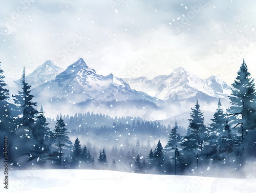 winter landscape with pine trees, watercolor style © CHAIYAPHON