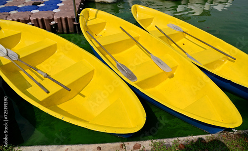 Closeup of Yellow rowing boats arranged for service in a pond at a public park, Suan Lung Rama IX, Bangkok, Thailand. photo