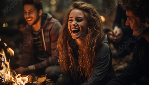 Young adults enjoying a campfire, embracing love and laughter generated by AI