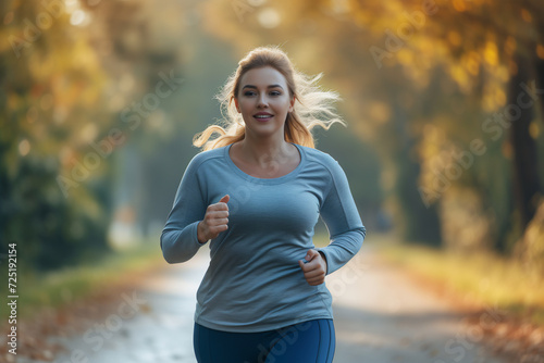 Fat woman running to lose weight in the park.