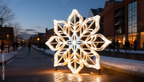 Winter night, snow illuminates architecture, outdoors, ice, season decoration generated by AI