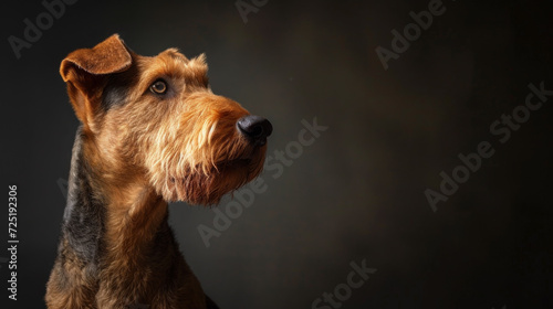 A studio portrait of a pedigree Airedale Terrier. Room for copy. photo