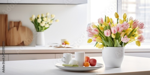 Modern white kitchen with Latin breakfast and floral vase on table.