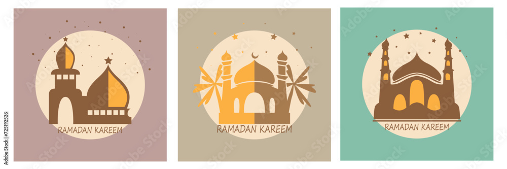 Vector collection of oriental style Islamic mosques with modern boho design, moon, mosque domes and lanterns.Ramadan kareem