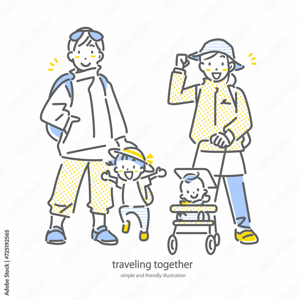 旅行に出かける若い家族　シンプルでお洒落な線画イラスト