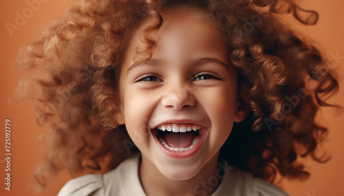 Smiling child with curly hair, happiness radiates from their portrait generated by AI