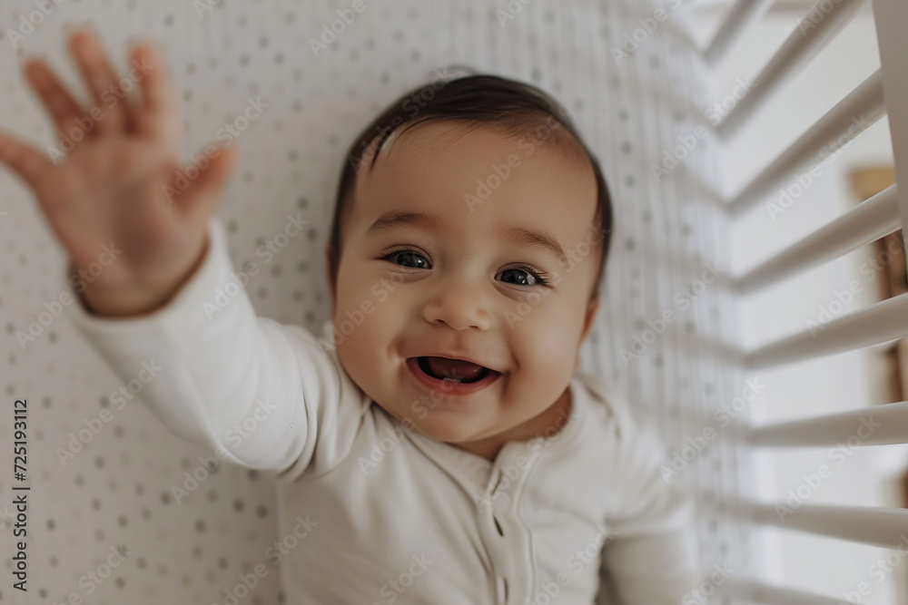 Cute Hispanic infant baby waving hand in cozy crib Cute Hispanic infant baby waving hand in cozy crib