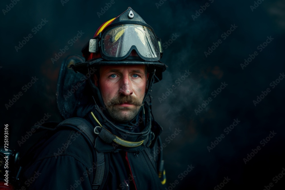 Portrait of a Firefighter with Reflective Visor Against Smoke. Generative AI. Portrait of a Firefighter with Reflective Visor Against Smoke. Generative AI.