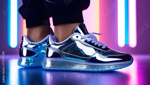 Female legs in halo sneakers on a neon background.