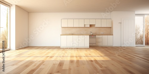 Empty house with wooden floor, kitchen.