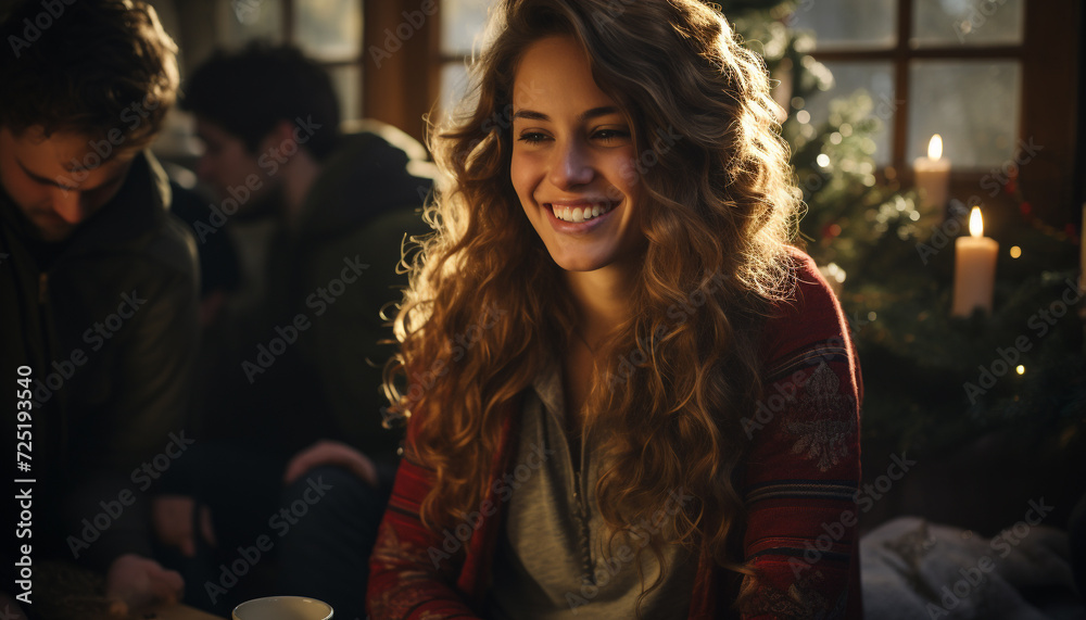 Smiling women enjoying winter indoors, sitting together, looking at camera generated by AI