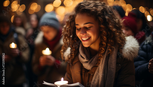 Young adults enjoying winter night, illuminated by Christmas lights generated by AI