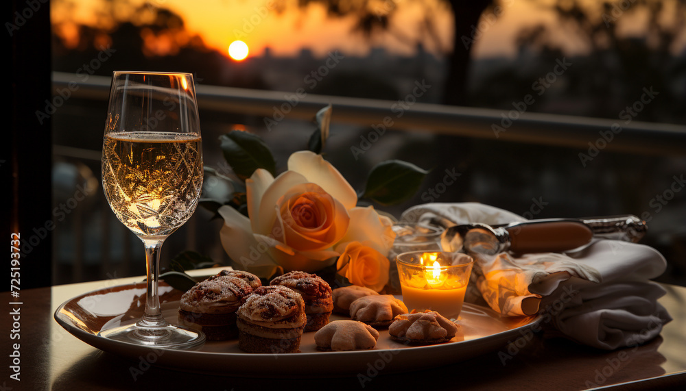 Romantic sunset celebration wine, candle, gourmet, nature, love, luxury generated by AI