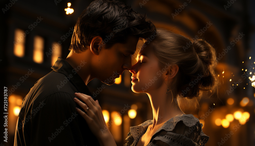 Young couple embracing, smiling, and enjoying a romantic night outdoors generated by AI Young couple embracing, smiling, and enjoying a romantic night outdoors generated by AI