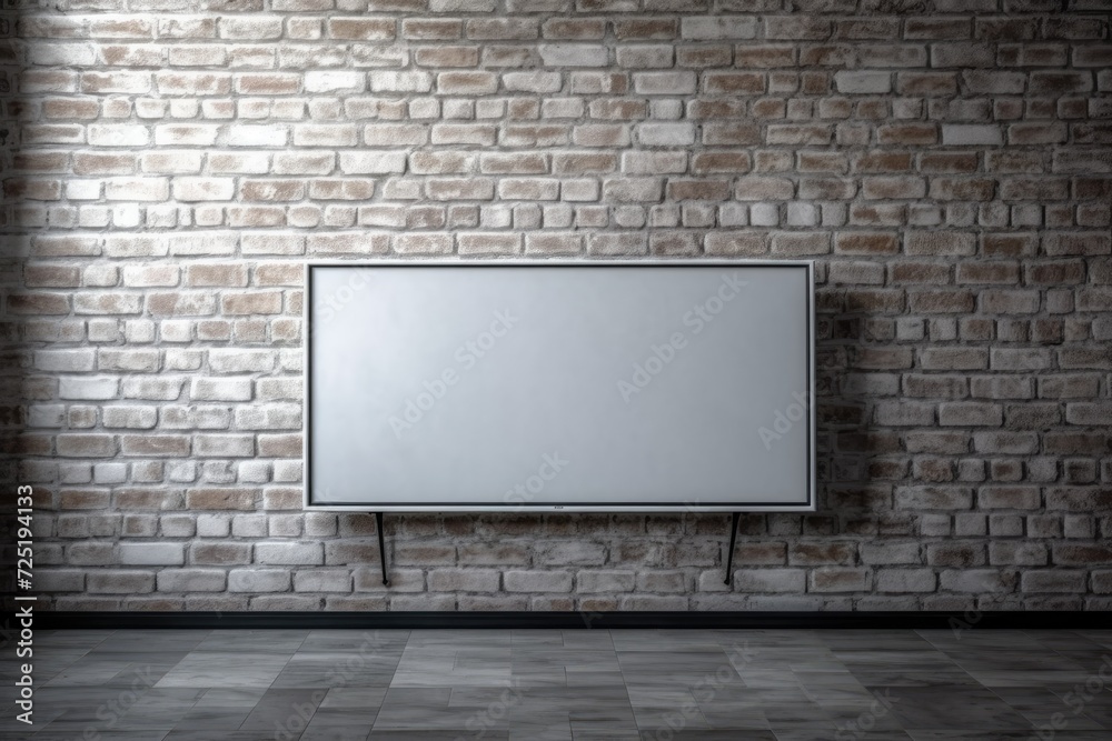 On a wall made of white brick, there is an LCD TV with a slim black frame. a white, empty screen. On a white background, alone