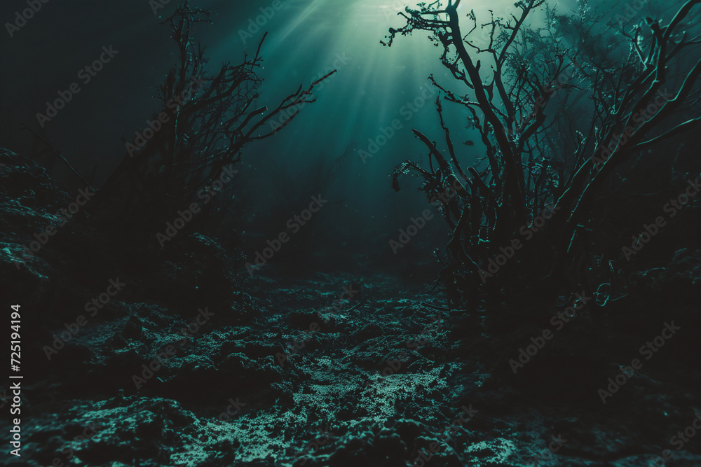 Underwater view of coral reef with sunlight shining through water surface.