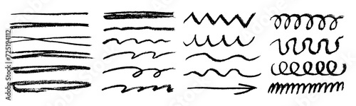 Charcoal strokes. Set of black hand drawn brush lines different forms on white background. Rough charcoal strokes and lines. Hand drawn brush elements for notes, highlighting and underlining in text.