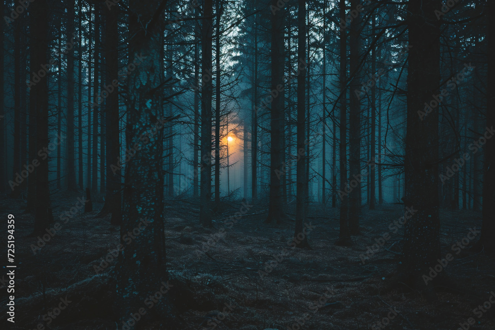 Dark mysterious dark forest with fog