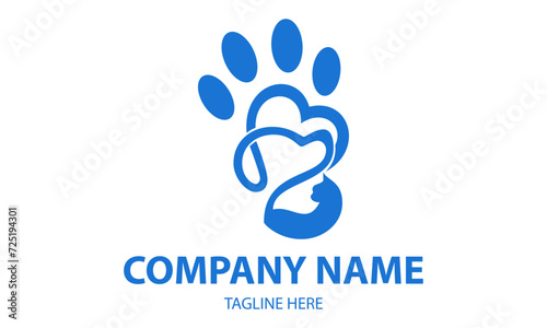 Blue Color Line Art Dog and Cat Paw Logo Design