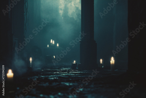 Lighted candles in a church in the fog. 