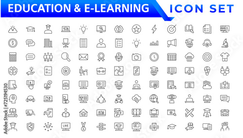 Education and E-learning icon set. Online education icon set. Thin line icons set. Distance learning. Containing video tuition, e-learning, online course, audio course, educational website