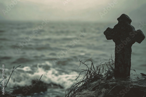 Cross on the rock in front of the sea. 