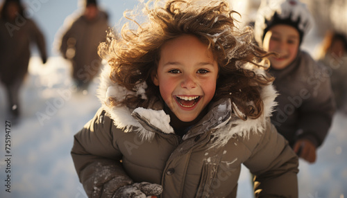 Smiling child in winter, outdoors, enjoying playful fun generated by AI