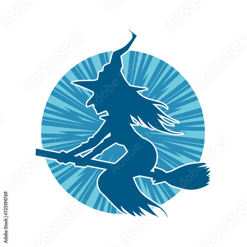 Silhouette of a female witch ride broom